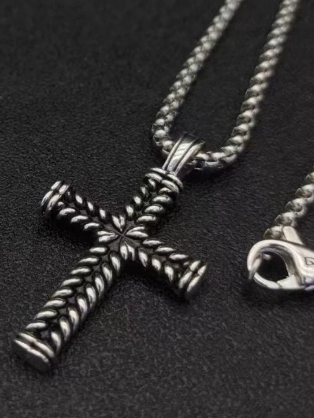 David Yurman Chevron Collection Silver Rope Cross Pendant Necklace